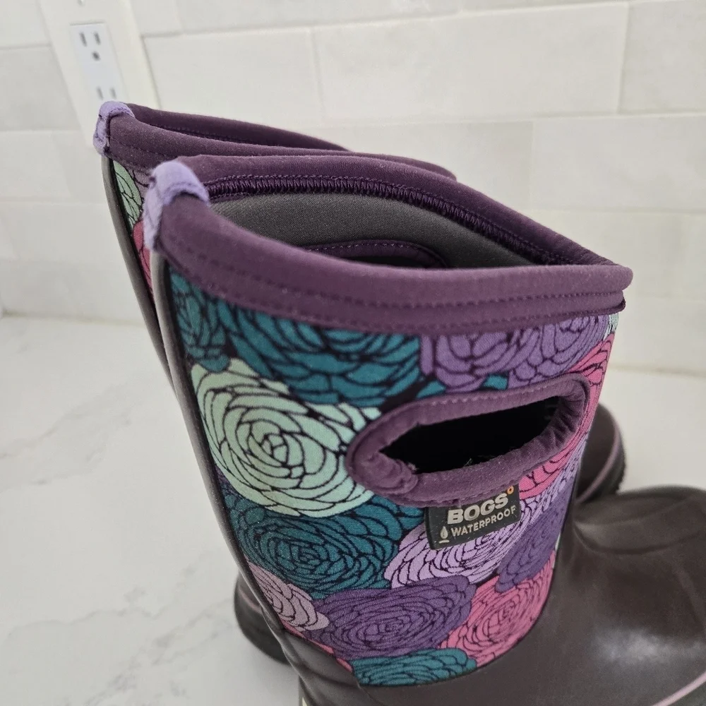 Bogs Classic High Handles Rosey Purple Floral Waterproof Insulated Snow Boots 4 - Picture 5 of 9